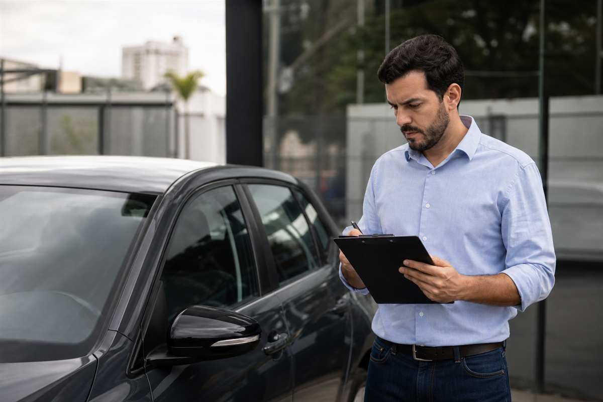 Consultor revisando documentos de veículo